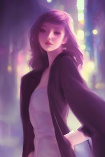 pastel painting of cute girl wearing purple suit in Tokyo alley at night with dramatic neon lighting, detailed painting by Charlie Bowater and Chris Rallis, cgsociety, fantasy art:3.0 portrait, center framing, soft focus, cinematic lighting, vertical portrait, f2, 85mm, f1.8, film grain:0.75 windblown hair, smooth skin, sensual smile, attractive, small shoulders, small waist, natural makeup, small nose, smirking mouth, colorful hair, suit:0.5 holography, anamorphic lens flare, luminescence, holographic, cinematic lighting, dramatic lighting, tokyo alley, japan, Tokyo at night, neon lights:0.5 by Eric Wallis, by Charlie Bowater, by Daniela Uhlig, by Wlop, by Gil Elvgren, by Rebeca Saray, by Bayard Wu:0.25 glasses, signature, freckles, blemish, watermark, wrinkles, teeth, jpeg artifacts:0.0000001 -s75 -b1 -W512 -H768 -C7.5 -Ak_euler_a -S2069334971